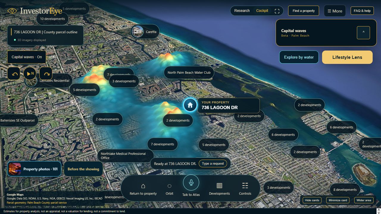 Capital Waves shows colored investment and entitlement activity peaks around North Palm Beach.