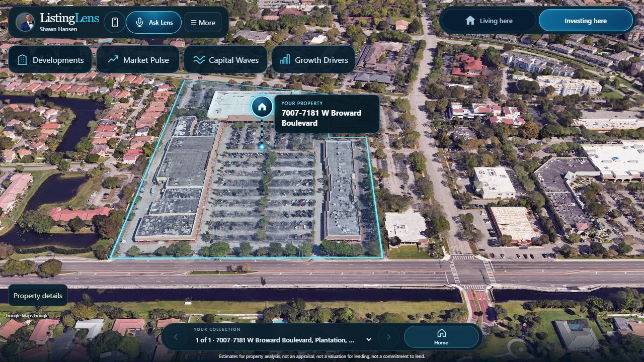 Commercial property: 7007–7181 W Broward Boulevard. Actual ListingLens view with original map attribution.