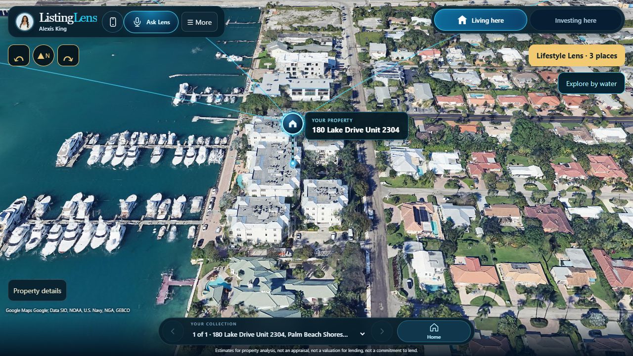 Condo property: 180 Lake Drive · Unit 2304. Actual ListingLens view with original map attribution.