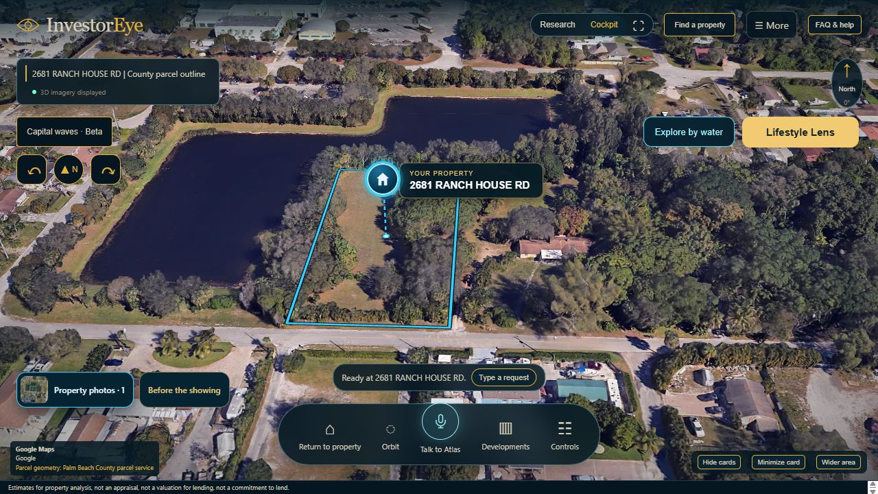 Land property: 2681 Ranch House Road. Actual InvestorEye view with original map attribution.