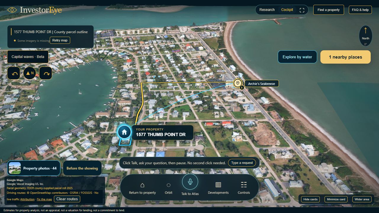 InvestorEye connects a Fort Pierce property to a real nearby destination, with a route through its surroundings.