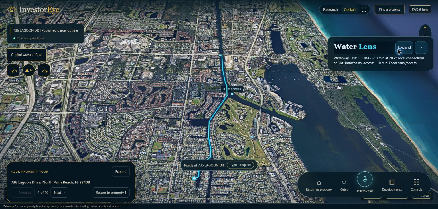 Water Lens route from Lagoon Drive to Waterway Cafe.